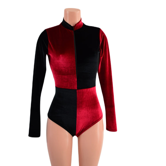 Red and Black Velvet Quad Color Blocked Stella Romper - Coquetry Clothing
