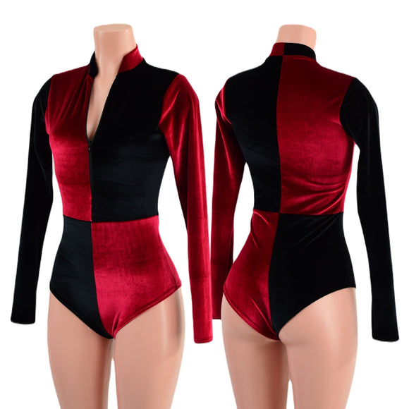 Red and Black Velvet Quad Color Blocked Stella Romper - Coquetry Clothing