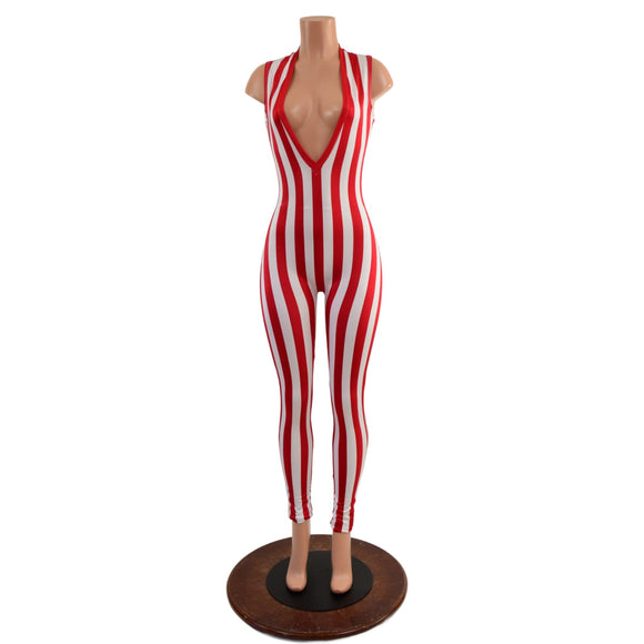 Red and White Stripe Plunging V Catsuit - Coquetry Clothing