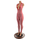 Red and White Stripe Plunging V Catsuit - Coquetry Clothing