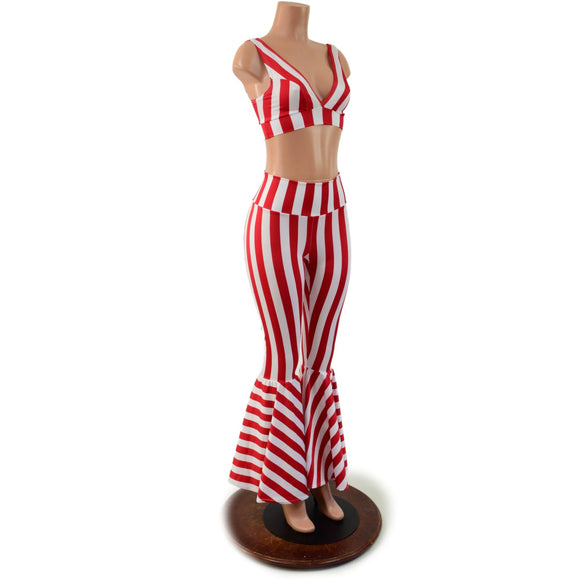 Red and White Striped High Waist Bell Bottom Flares and Starlette Bralette Set - Coquetry Clothing