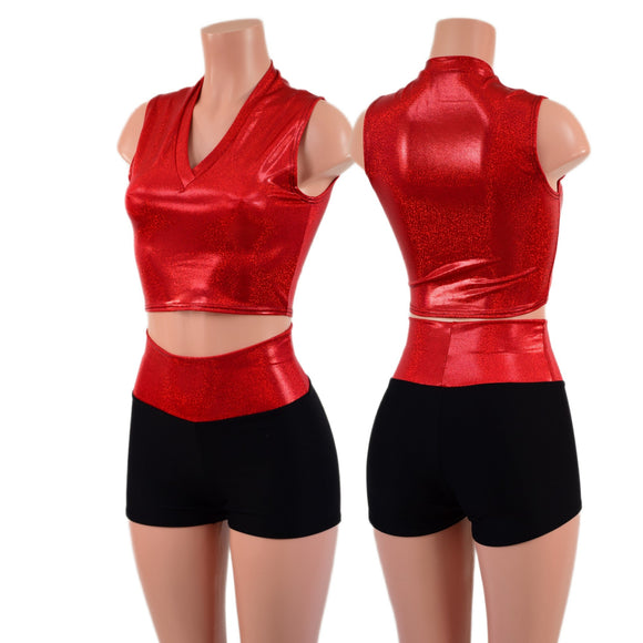 Red Sparkly Jewel and Black Zen 2pc Shorts and Crop Set - Coquetry Clothing