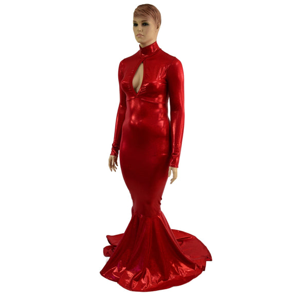 Red Sparkly Jewel Long Sleeve Puddle Train Gown with Keyhole - Coquetry Clothing