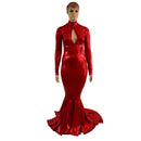 Red Sparkly Jewel Long Sleeve Puddle Train Gown with Keyhole - Coquetry Clothing