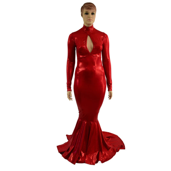 Red Sparkly Jewel Long Sleeve Puddle Train Gown with Keyhole - Coquetry Clothing