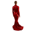Red Sparkly Jewel Long Sleeve Puddle Train Gown with Keyhole - Coquetry Clothing