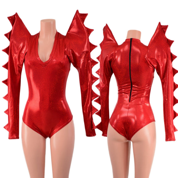Red Sparkly Jewel Mega Sharp Shoulder Romper with Spiked Sleeves - Coquetry Clothing