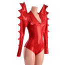 Red Sparkly Jewel Mega Sharp Shoulder Romper with Spiked Sleeves - Coquetry Clothing