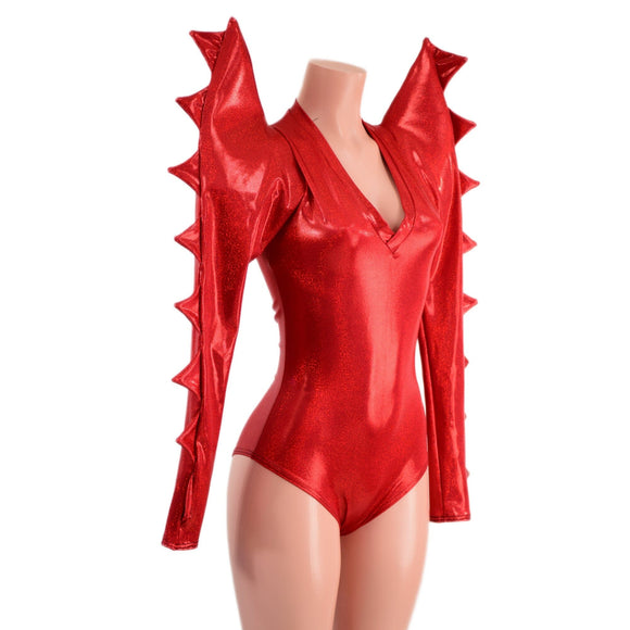 Red Sparkly Jewel Mega Sharp Shoulder Romper with Spiked Sleeves - Coquetry Clothing