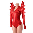 Red Sparkly Jewel Mega Sharp Shoulder Romper with Spiked Sleeves - Coquetry Clothing