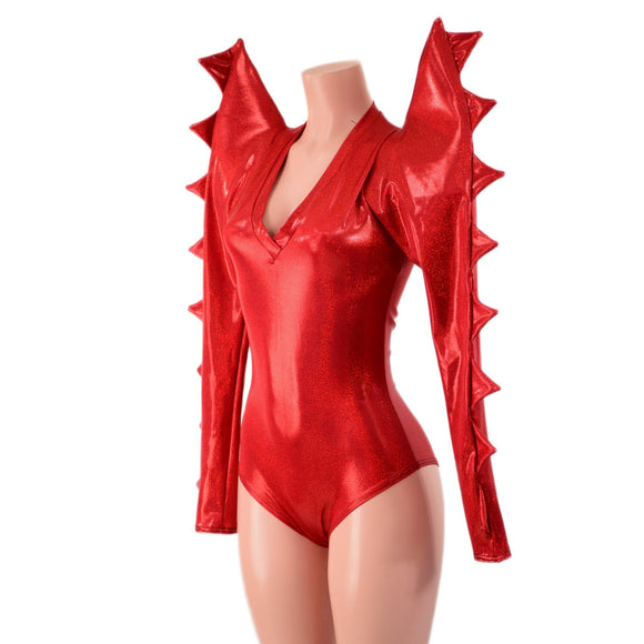 Red Sparkly Jewel Mega Sharp Shoulder Romper with Spiked Sleeves - Coquetry Clothing