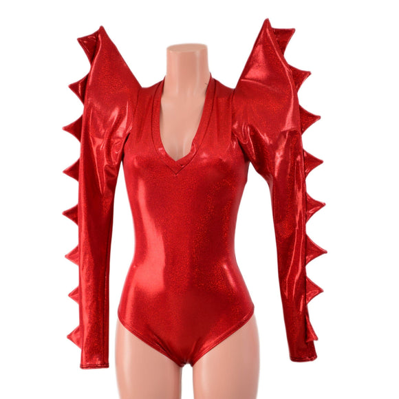 Red Sparkly Jewel Mega Sharp Shoulder Romper with Spiked Sleeves - Coquetry Clothing