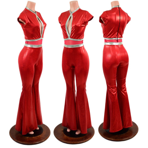 Red Sparkly Jewel Solar Flare Catsuit with Keyhole Neckline - Coquetry Clothing