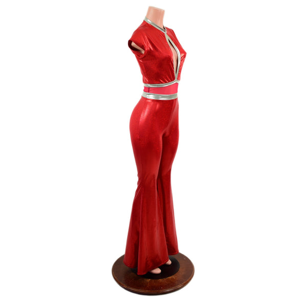 Red Sparkly Jewel Solar Flare Catsuit with Keyhole Neckline - Coquetry Clothing