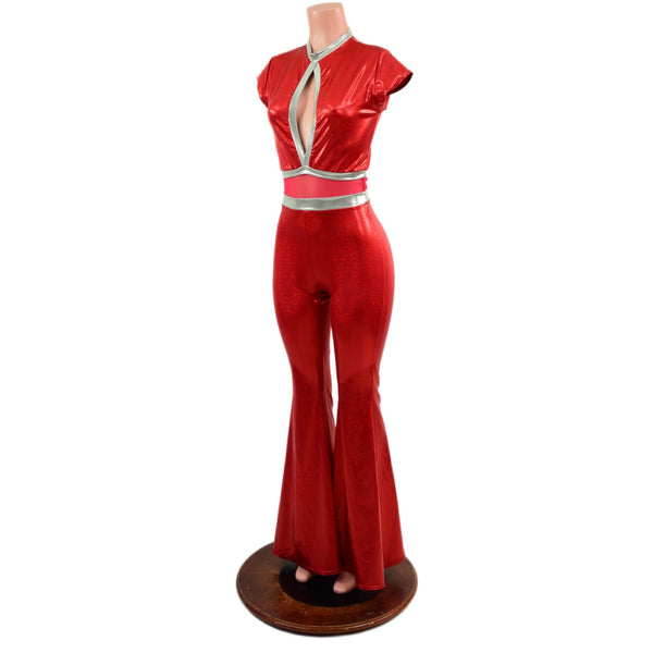 Red Sparkly Jewel Solar Flare Catsuit with Keyhole Neckline - 6