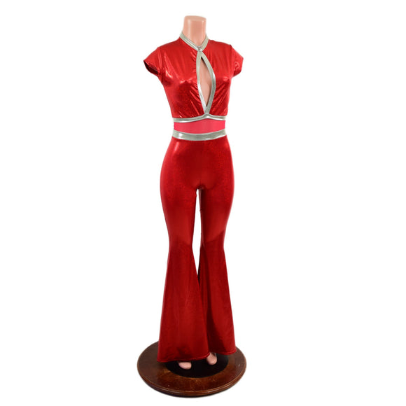 Red Sparkly Jewel Solar Flare Catsuit with Keyhole Neckline - Coquetry Clothing