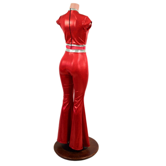 Red Sparkly Jewel Solar Flare Catsuit with Keyhole Neckline - Coquetry Clothing