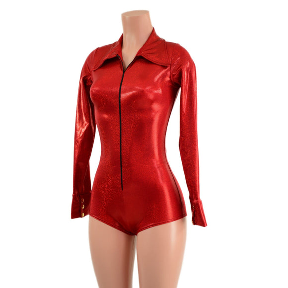 Red Sparkly Rodeo Romper with Snap Cuffs and Boy Cut Leg - Coquetry Clothing