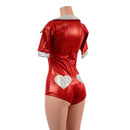 Red Sparkly Romper with Banded Tee Sleeves, Disco Collar, and Heart Applique - Coquetry Clothing