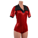 Red Sparkly Romper with Banded Tee Sleeves, Disco Collar, and Heart Applique - Coquetry Clothing