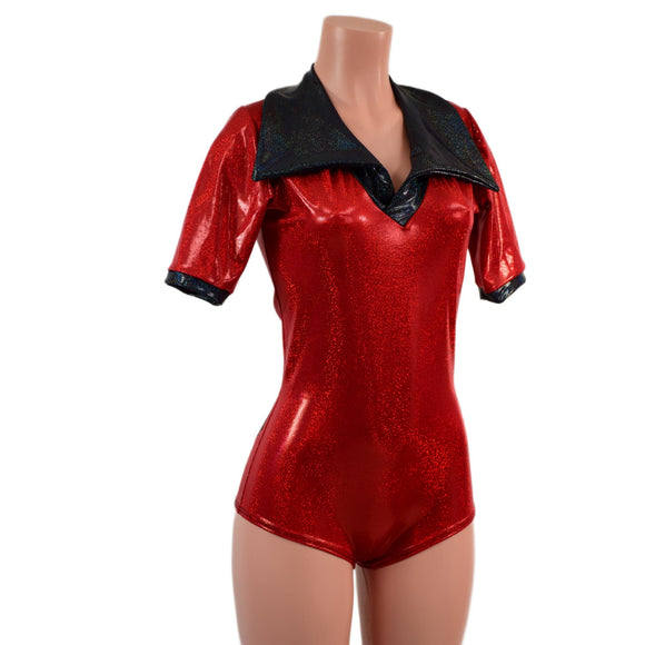Red Sparkly Romper with Banded Tee Sleeves, Disco Collar, and Heart Applique - Coquetry Clothing