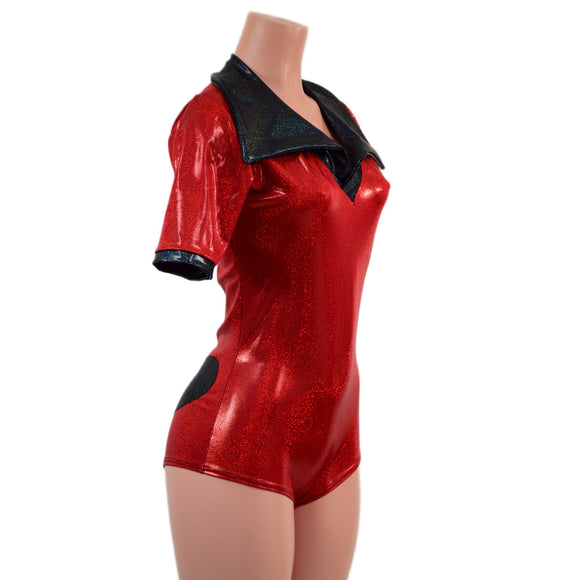 Red Sparkly Romper with Banded Tee Sleeves, Disco Collar, and Heart Applique - Coquetry Clothing
