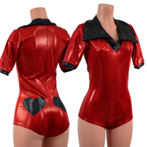 Red Sparkly Romper with Banded Tee Sleeves, Disco Collar, and Heart Applique - Coquetry Clothing