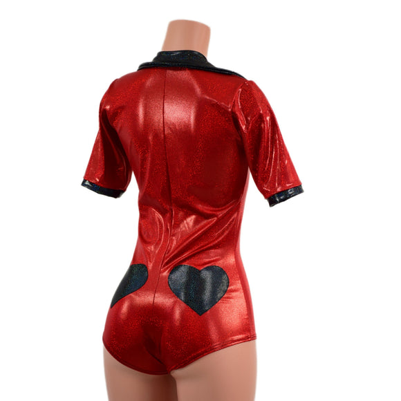 Red Sparkly Romper with Banded Tee Sleeves, Disco Collar, and Heart Applique - Coquetry Clothing
