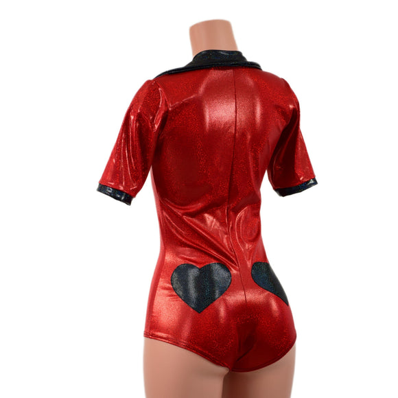 Red Sparkly Romper with Banded Tee Sleeves, Disco Collar, and Heart Applique - Coquetry Clothing