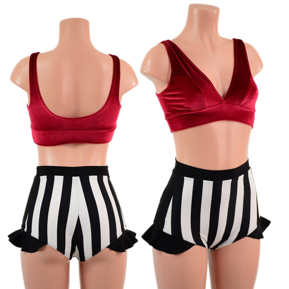 Red Velvet and Black and White Striped Cirque Set - Coquetry Clothing