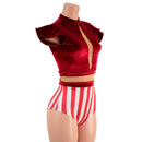 Red Velvet and Cirque Stripes Keyhole Romper with Nude Mesh - Coquetry Clothing