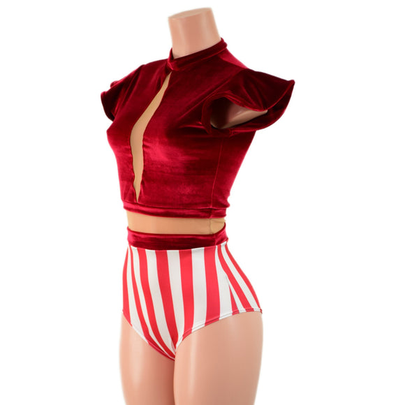 Red Velvet and Cirque Stripes Keyhole Romper with Nude Mesh - Coquetry Clothing