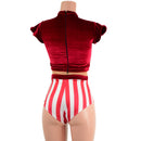 Red Velvet and Cirque Stripes Keyhole Romper with Nude Mesh - Coquetry Clothing