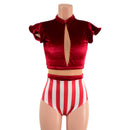 Red Velvet and Cirque Stripes Keyhole Romper with Nude Mesh - Coquetry Clothing