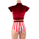 Red Velvet and Cirque Stripes Keyhole Romper with Nude Mesh - Coquetry Clothing