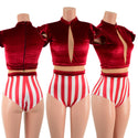 Red Velvet and Cirque Stripes Keyhole Romper with Nude Mesh - 1