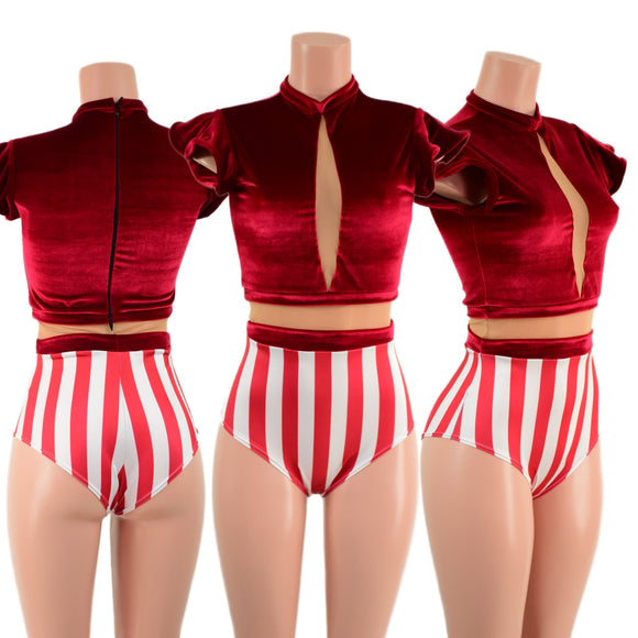 Red Velvet and Cirque Stripes Keyhole Romper with Nude Mesh - Coquetry Clothing