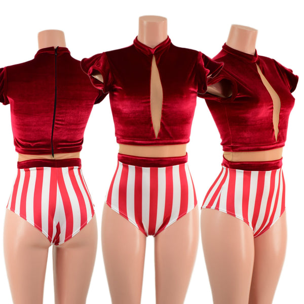 Red Velvet and Cirque Stripes Keyhole Romper with Nude Mesh - 1