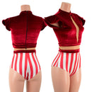 Red Velvet and Cirque Stripes Keyhole Romper with Nude Mesh - Coquetry Clothing