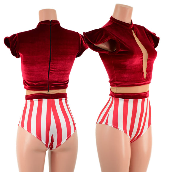Red Velvet and Cirque Stripes Keyhole Romper with Nude Mesh - Coquetry Clothing