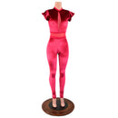 Red Velvet Catsuit with Red Mesh Inset Keyhole, Waistband Detail, and Flip Sleeves - Coquetry Clothing