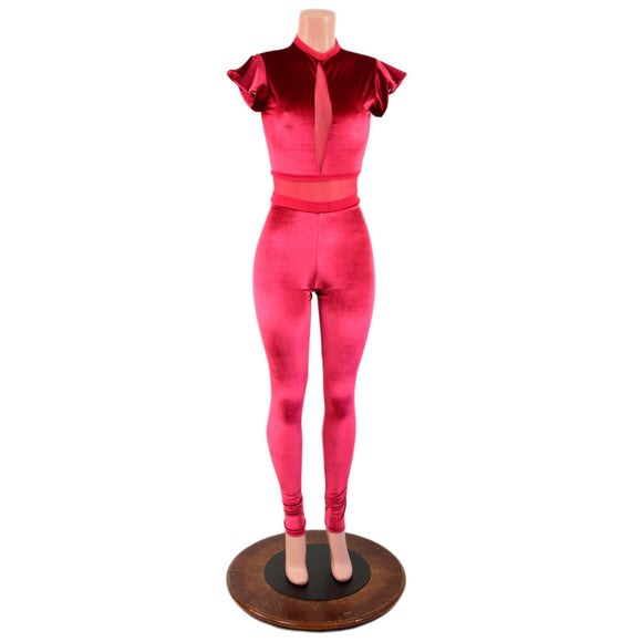 Red Velvet Catsuit with Red Mesh Inset Keyhole, Waistband Detail, and Flip Sleeves - Coquetry Clothing