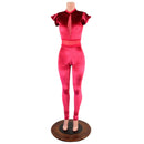 Red Velvet Catsuit with Red Mesh Inset Keyhole, Waistband Detail, and Flip Sleeves - Coquetry Clothing