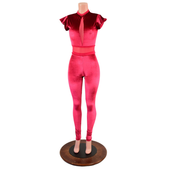 Red Velvet Catsuit with Red Mesh Inset Keyhole, Waistband Detail, and Flip Sleeves - Coquetry Clothing