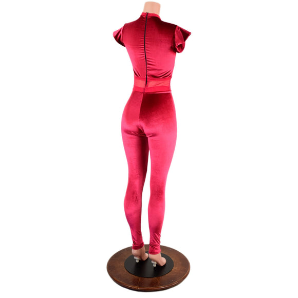 Red Velvet Catsuit with Red Mesh Inset Keyhole, Waistband Detail, and Flip Sleeves - Coquetry Clothing