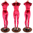 Red Velvet Catsuit with Red Mesh Inset Keyhole, Waistband Detail, and Flip Sleeves - Coquetry Clothing