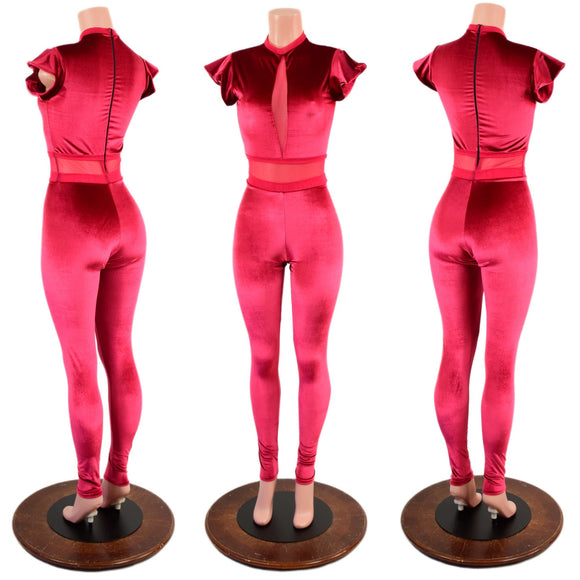Red Velvet Catsuit with Red Mesh Inset Keyhole, Waistband Detail, and Flip Sleeves - Coquetry Clothing