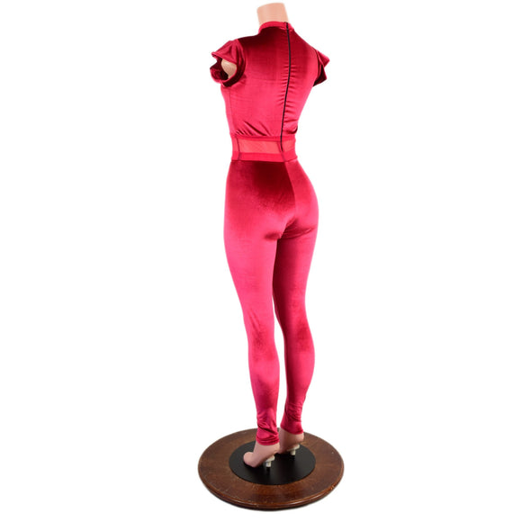 Red Velvet Catsuit with Red Mesh Inset Keyhole, Waistband Detail, and Flip Sleeves - Coquetry Clothing