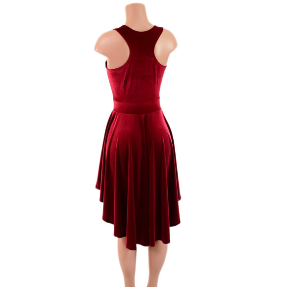 Red Velvet Hi Lo Skater Dress with Crew Neckline and Racer Back - Coquetry Clothing