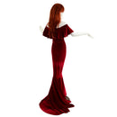 Red Velvet Off Shoulder Puddle Train Gown - Coquetry Clothing